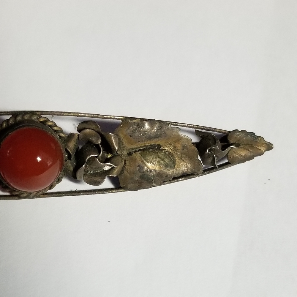 Antique bar pin arts and crafts style orange cabochon leaves - Picture 14 of 16